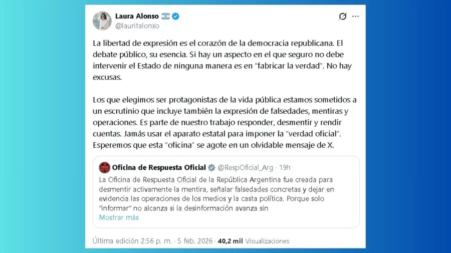 Tuit de Laura Alonso en contra de la Oficina de Respuesta Oficial