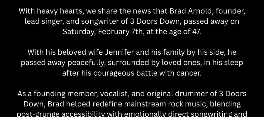 Murió Brad Arnold, cantante de 3 Doors Down, a los 47 años