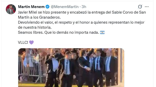 El posteo de Martín Menem elogiando el regreso del sable de San Martín a Granaderos.