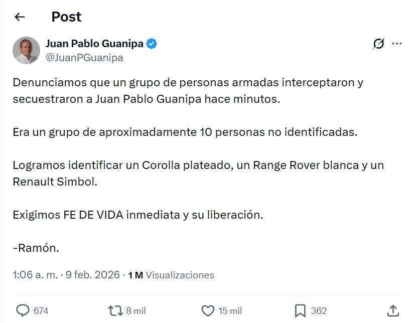 Posteo de anuncio de secuestro de Juan Pablo Guanipa
