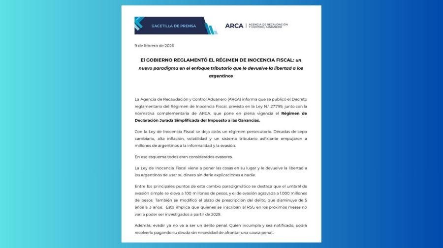 Comunicado de ARCA sobre la reglamentación de la Ley de Inocencia Fiscal