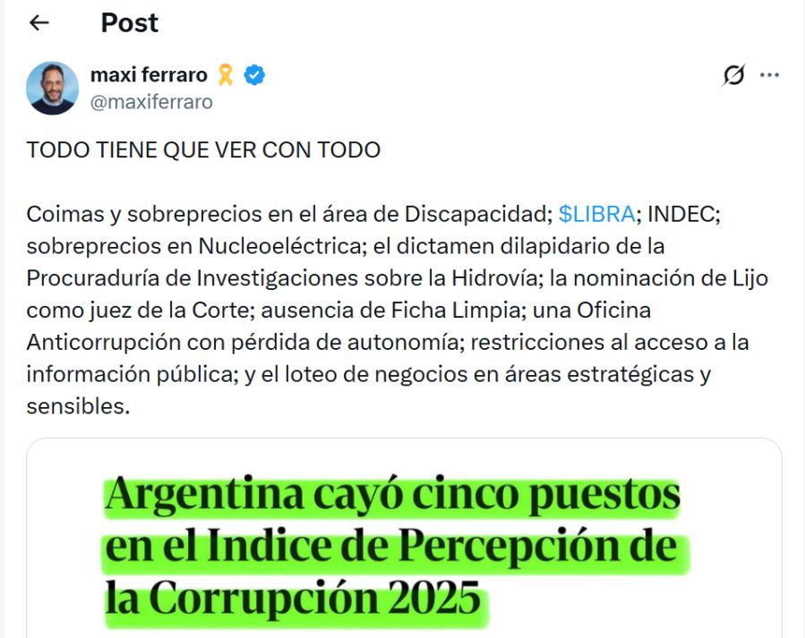 Post Maxi Ferraro sobre corrupción