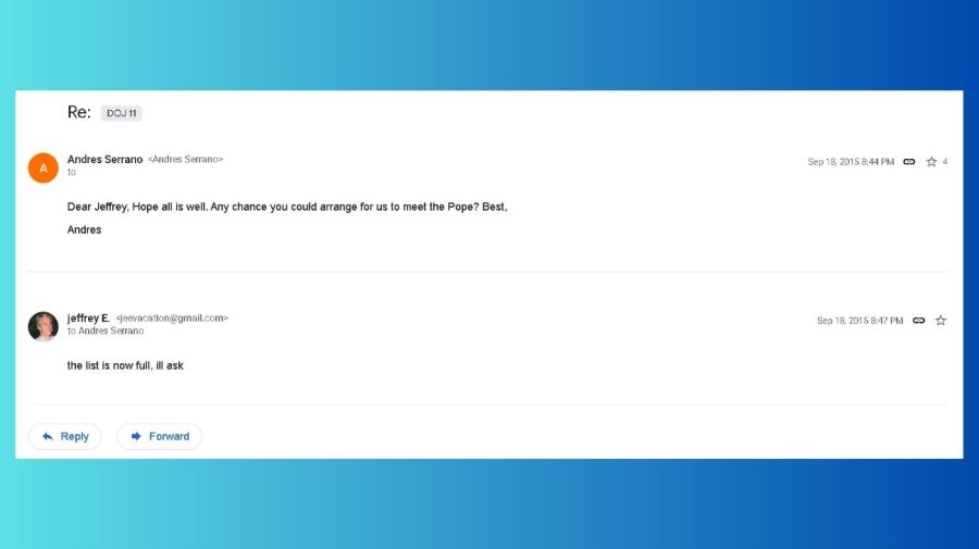 Mail del artista y fotógrafo Andrés Serrano pidiéndole a Jeffrey Epstein una audiencia con el papa Francisco