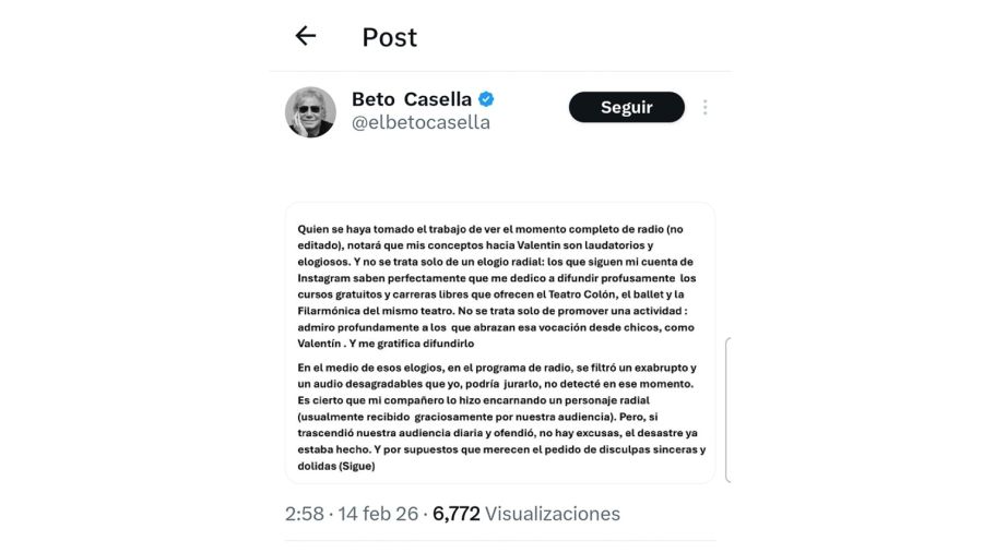 El pedido de disculpas de Beto Casella