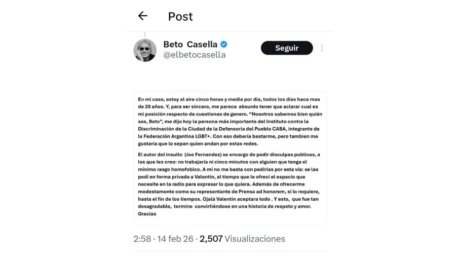 El pedido de disculpas de Beto Casella