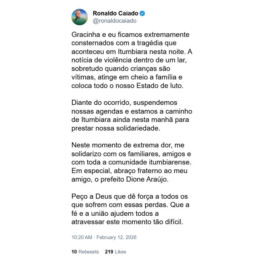 Texto del gobernador Ronaldo Caiado en X