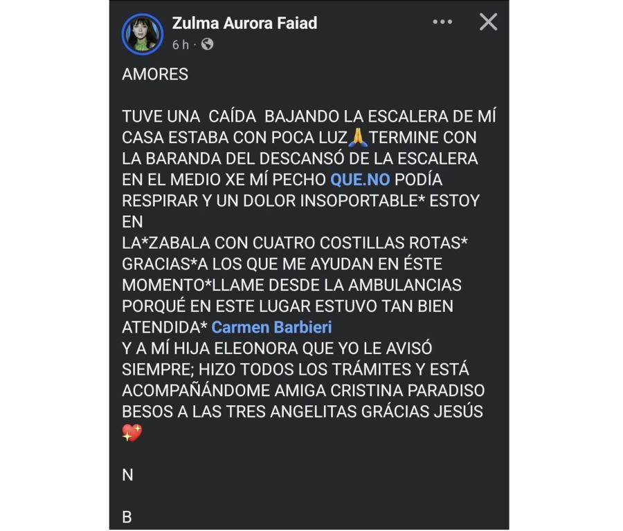 Zulma Faiad está internada
