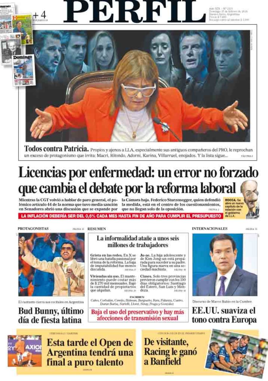 La tapa del Diario PERFIL del domingo 15 de febrero de 2026
