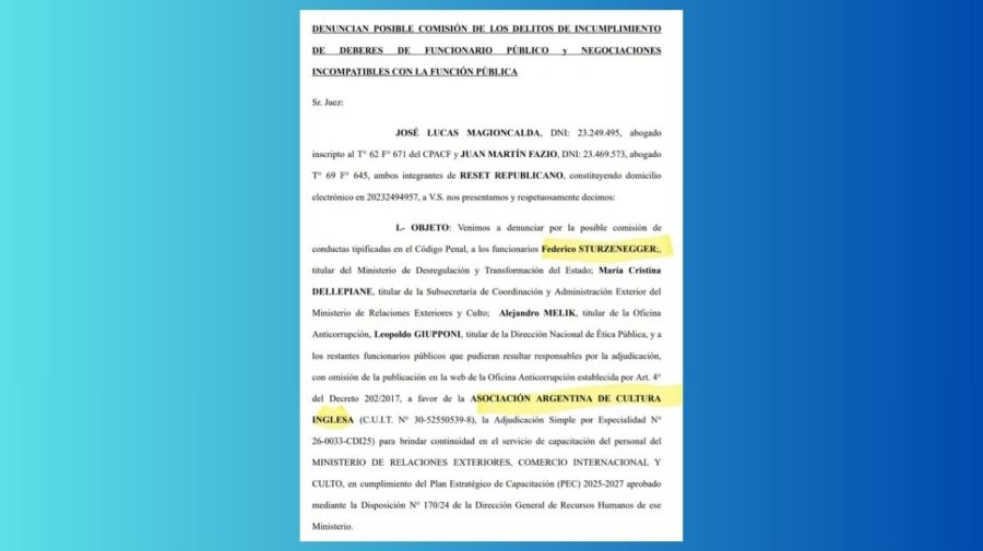 Denuncia contra Federico Sturzenegger por presunta omisión de informe a la Oficina Anticorrupción del contrato con la organización que dirige su esposa