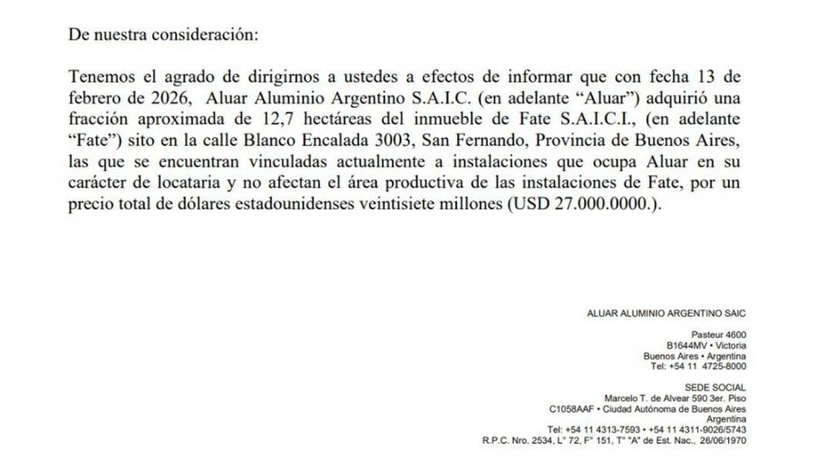 Comunicado Aluar 18022026