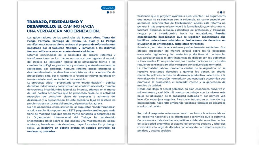 Comunicado: TRABAJO, FEDERALISMO Y DESARROLLO 18022026