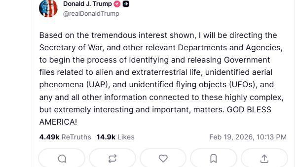 El posteo de Trump sobre su orden a todas las agencias del gobierno para que abran y publiquen sus informes sobre vida alienígena.