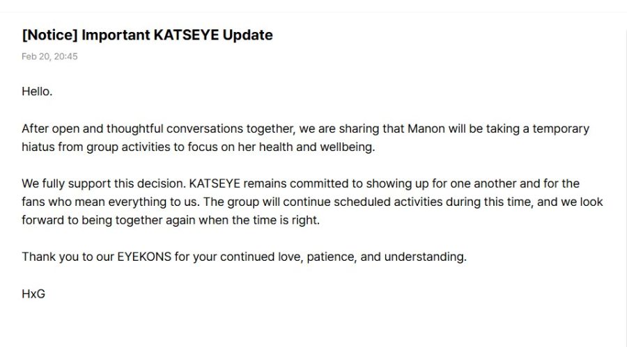 Comunicado de KATSEYE sobre Manon