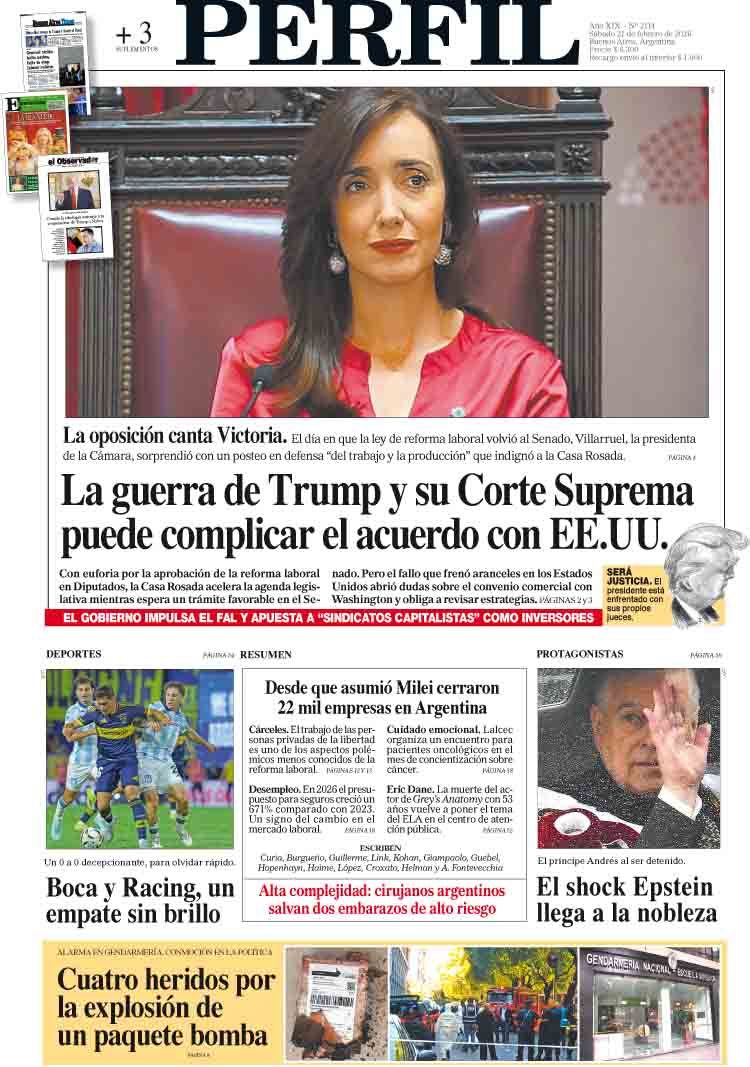 La tapa del Diario PERFIL del sábado 21 de febrero de 2026