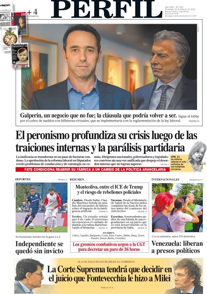La tapa del Diario PERFIL del domingo 22 de febrero de 2026