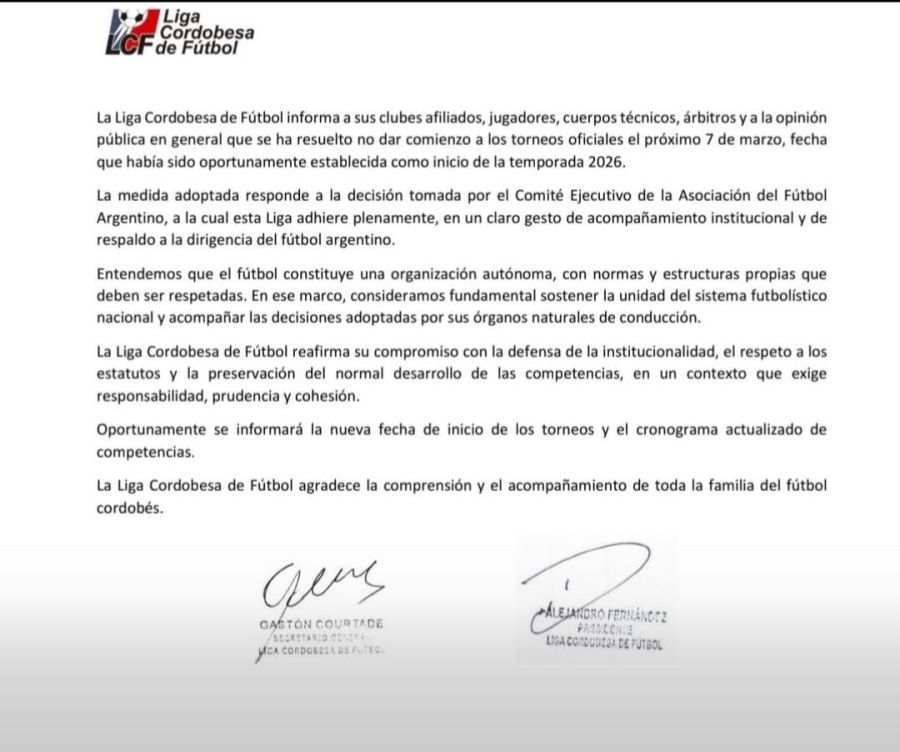 Comunicado de Liga Cordobesa