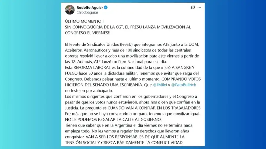 El secretario general de ATE, Rodolfo Aguiar, anunció un paro de 36 horas con movilización al Congreso para este viernes