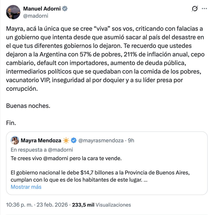 Mayra Mendoza y Manuel Adorni