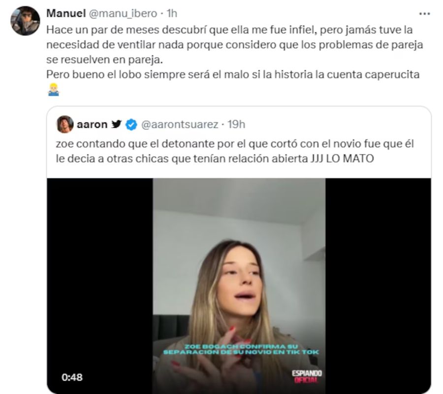 Manuel Ibero afirmó que Zoe Bogach le fue infiel