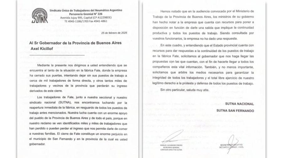 Carta del sindicato SUTNA presentada a Axel Kicillof 27022026