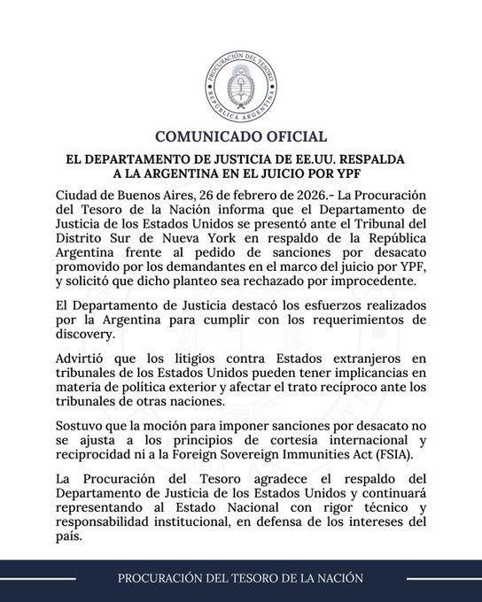Comunicado Oficial procuración del Tesoro sobre apoyo EEUU juicio YPF.