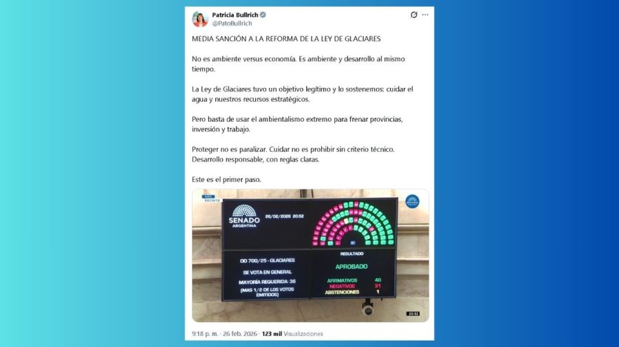 La senadora de La Libertad Avanza, Patricia Bullrich, celebró la modificación de la Ley de Glaciares