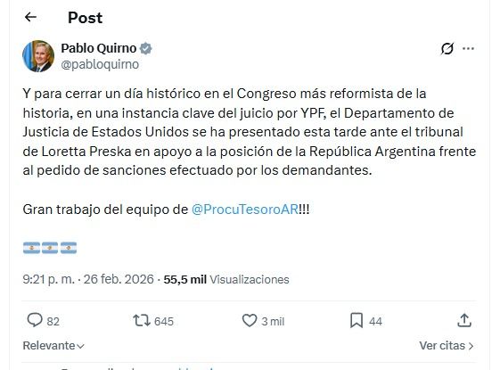 Pablo Quirno sobre el respaldo de EEUU a la Argentina en juicio YPF.