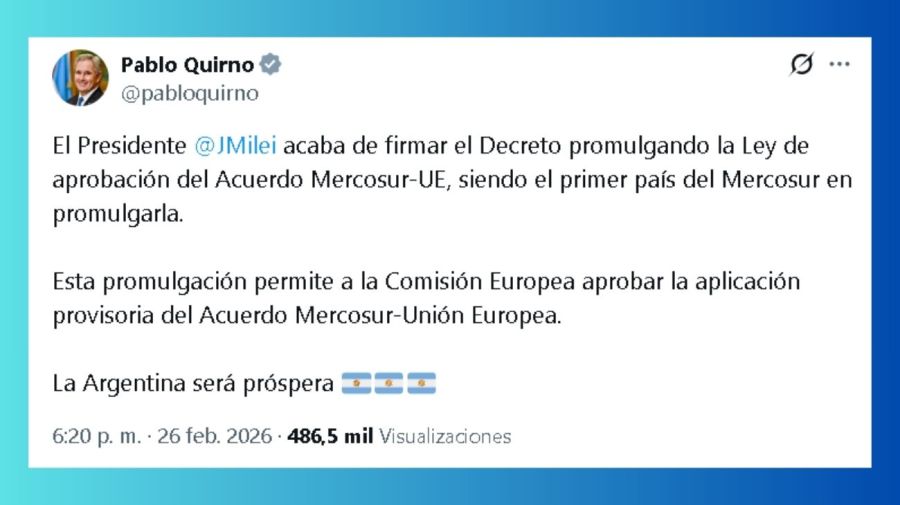 Tuit de Pablo Quirno tras la aprobación del acuerdo entre la Unión Europea y el Mercosur