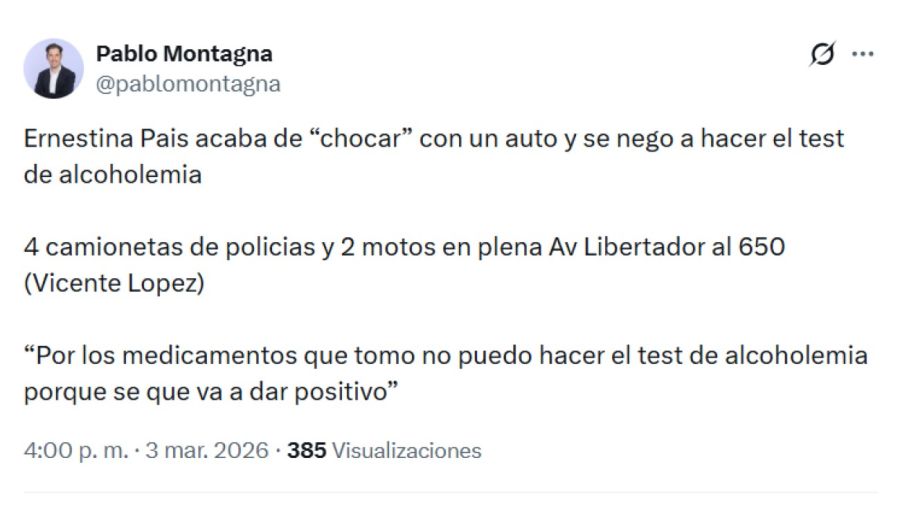 Ernestina Pais chocó con su auto