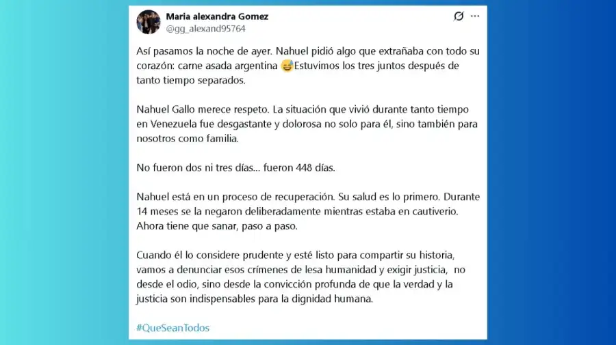 Mensaje de la esposa de Nahuel Gallo, Maria Alexandra Gomez