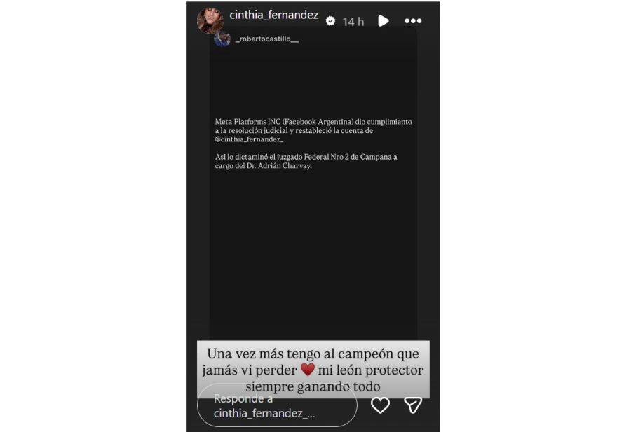 Cinthia Fernández le agradeció a Roberto Castillo tras recuperar su cuenta