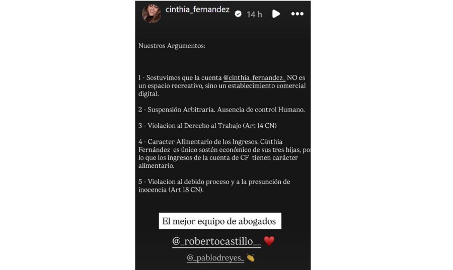 Cinthia Fernández recuperó su cuenta de Instagram