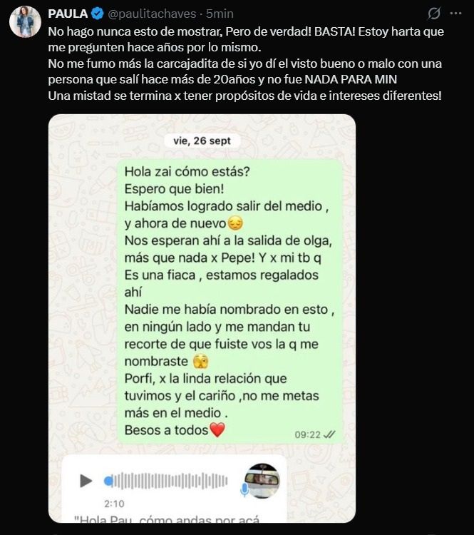 El descargo de Paula Chaves contra Zaira Nara