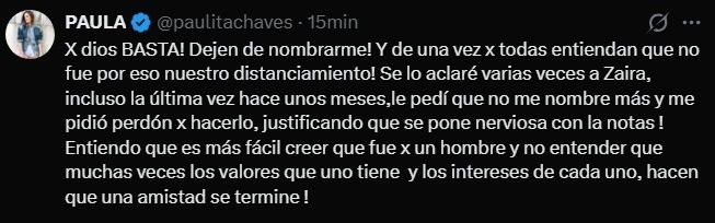 El descargo de Paula Chaves contra Zaira Nara