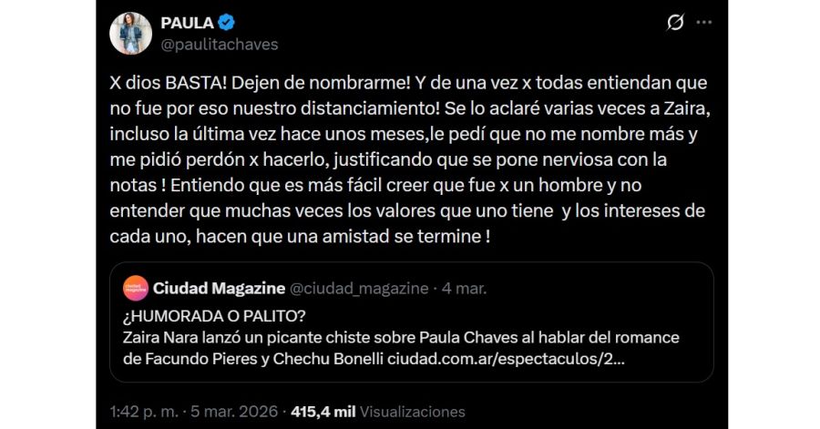 Paula Chaves sobre Zaira Nara
