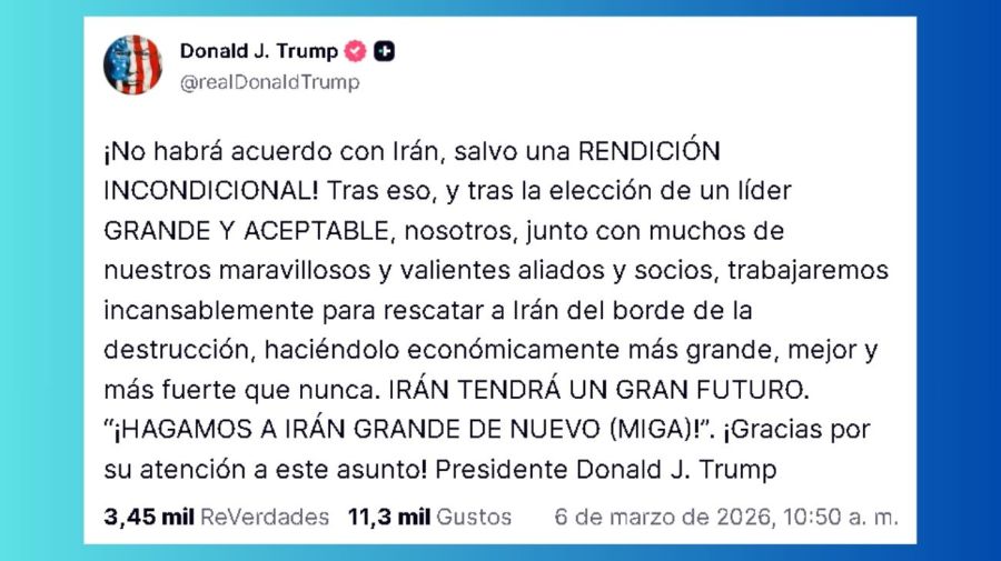 Donald Trump afirmó que no habrá acuerdo con Irán salvo que se rindan de manera incondicional