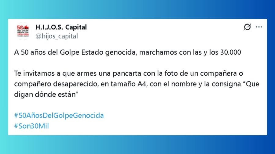 H.I.J.O.S. Capital convoca a marchar este 24 de marzo con fotos de una peersona desaparecida en el pecho