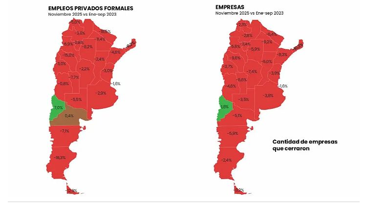 Los mapas de Equilibra sobre la caída de empleo registrado y del número de empresas en los últimos dos años.