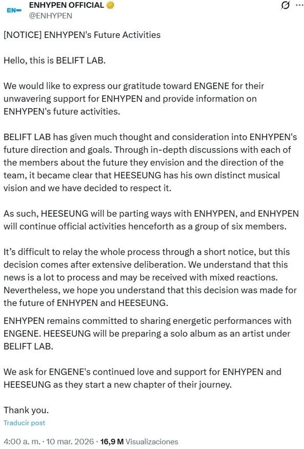 Comunicado salida de Heeseung de ENHYPEN