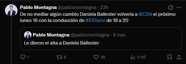 Daniela Ballester fue dada de alta