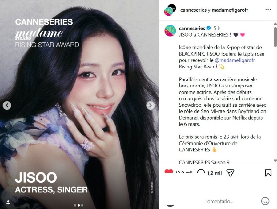 Jisoo recibe el premio Madame Figaro Rising Star en Canneseries en Cannes