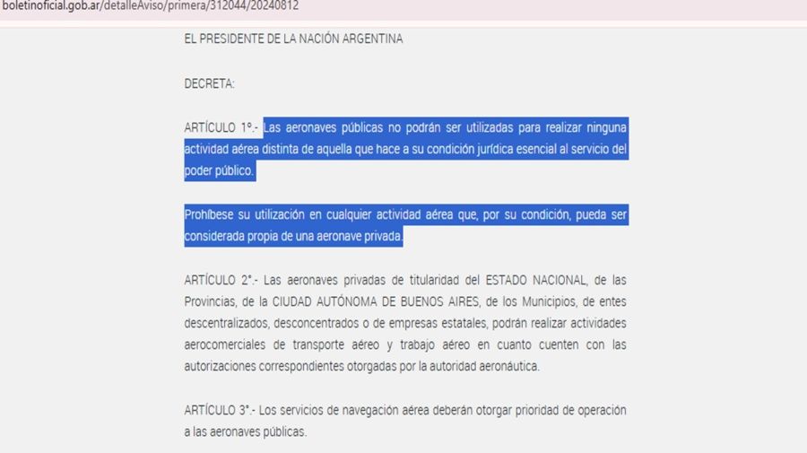 El traslado de la esposa de Adorni en el avión presidencial frente al Decreto 712/2024