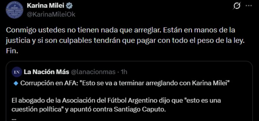 El tweet de Karina Milei contra el abogado de la AFA, Gregorio Dalbón 20260311