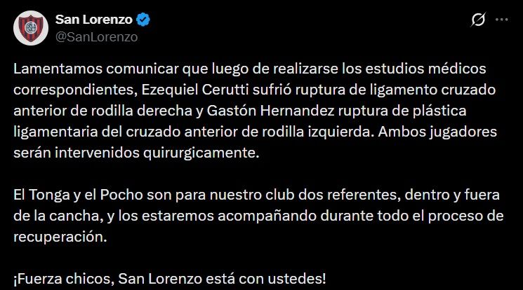 Comunicado de San Lorenzo sobre sus lesionados