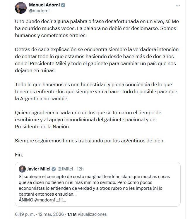 El posteo de Adorni, invocando el desesperado apoyo de Milei en su peor momento desde que es jefe de Gabinete.