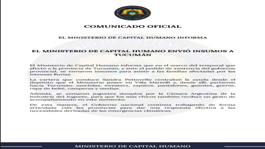 Anuncio de envío de insumos a Tucumán