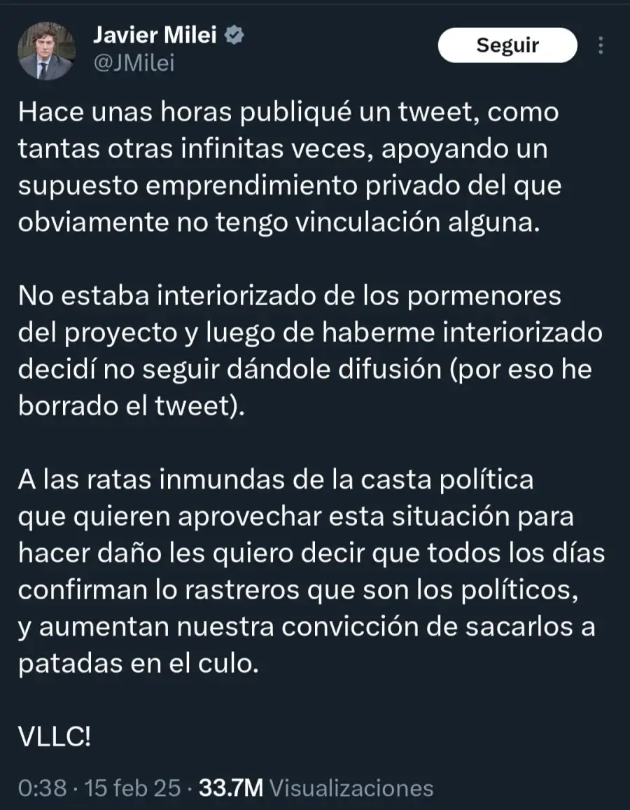 Justificación Javier Milei criptomoneda