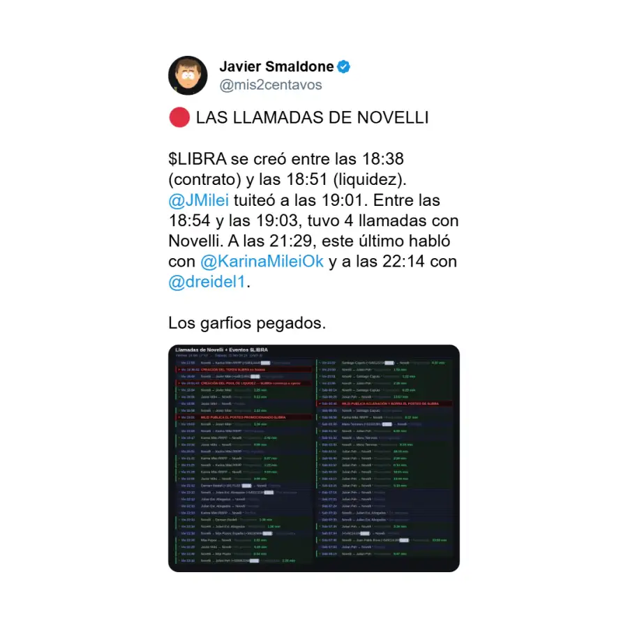 Posteo de Javier Smaldone sobre las llamadas el día de lanzamiento de Libra