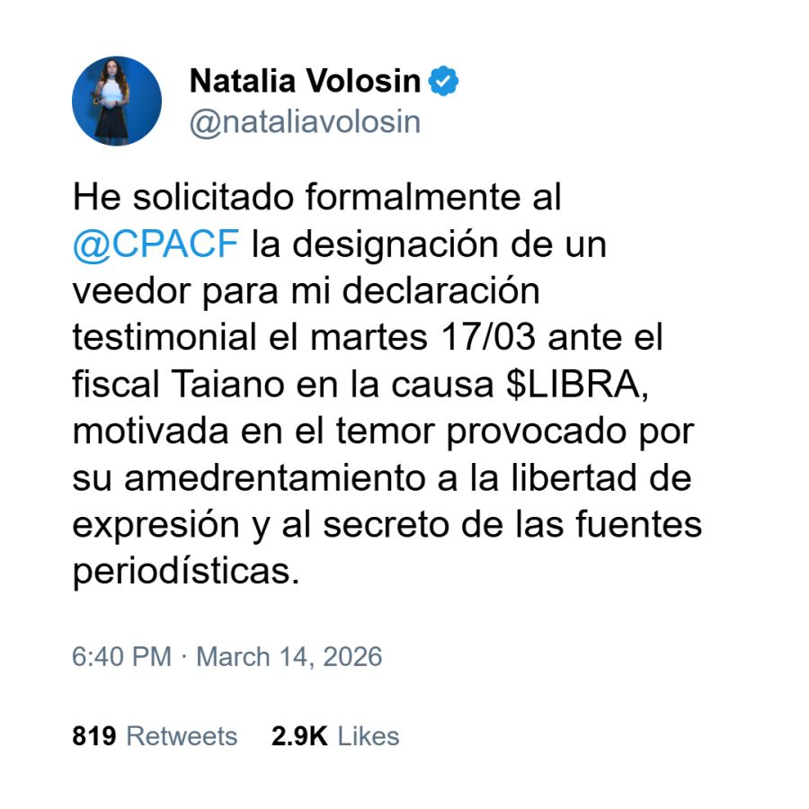 Posteo de Natalia Volosin contra Javier Milei por el caso Libra
