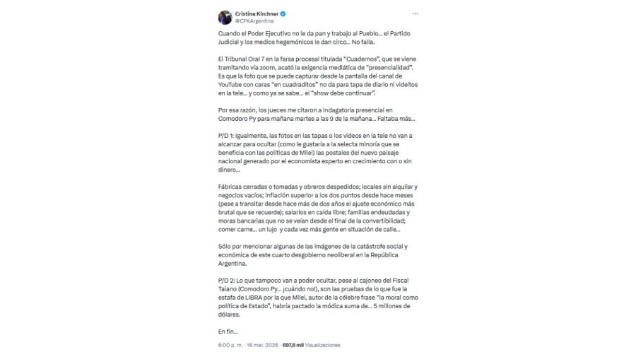 Tweet de Cristina Kirchner